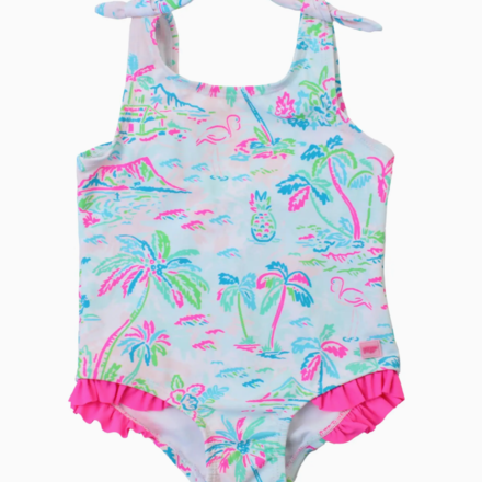 Ruffle Butts Tropical Resort Tie Shoulder Swimsuit {Wht/Tur/Pink}