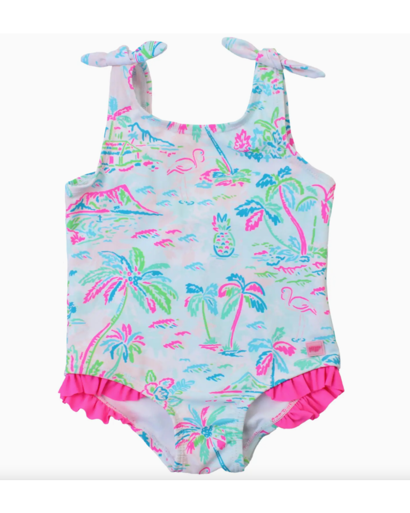 Ruffle Butts Tropical Resort Tie Shoulder Swimsuit {Wht/Tur/Pink}