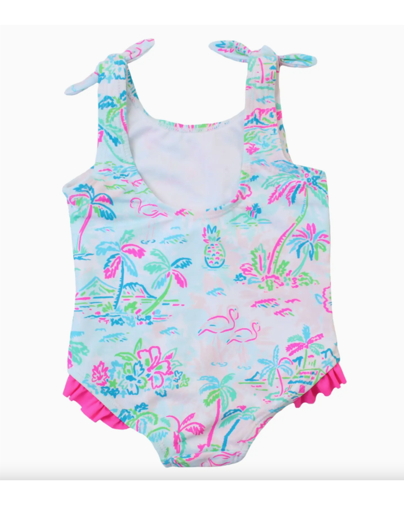 Ruffle Butts Tropical Resort Tie Shoulder Swimsuit {Wht/Tur/Pink}