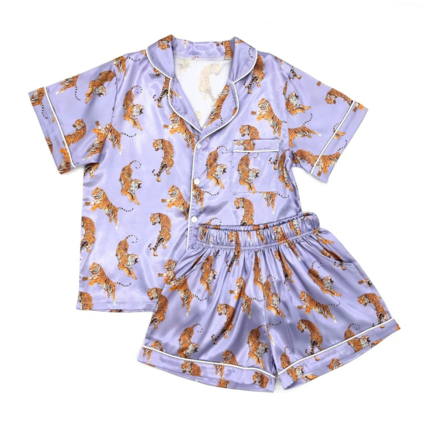 Blended Spirits Tiger Print Silky Pajamas Shorts Set {Lavendar}