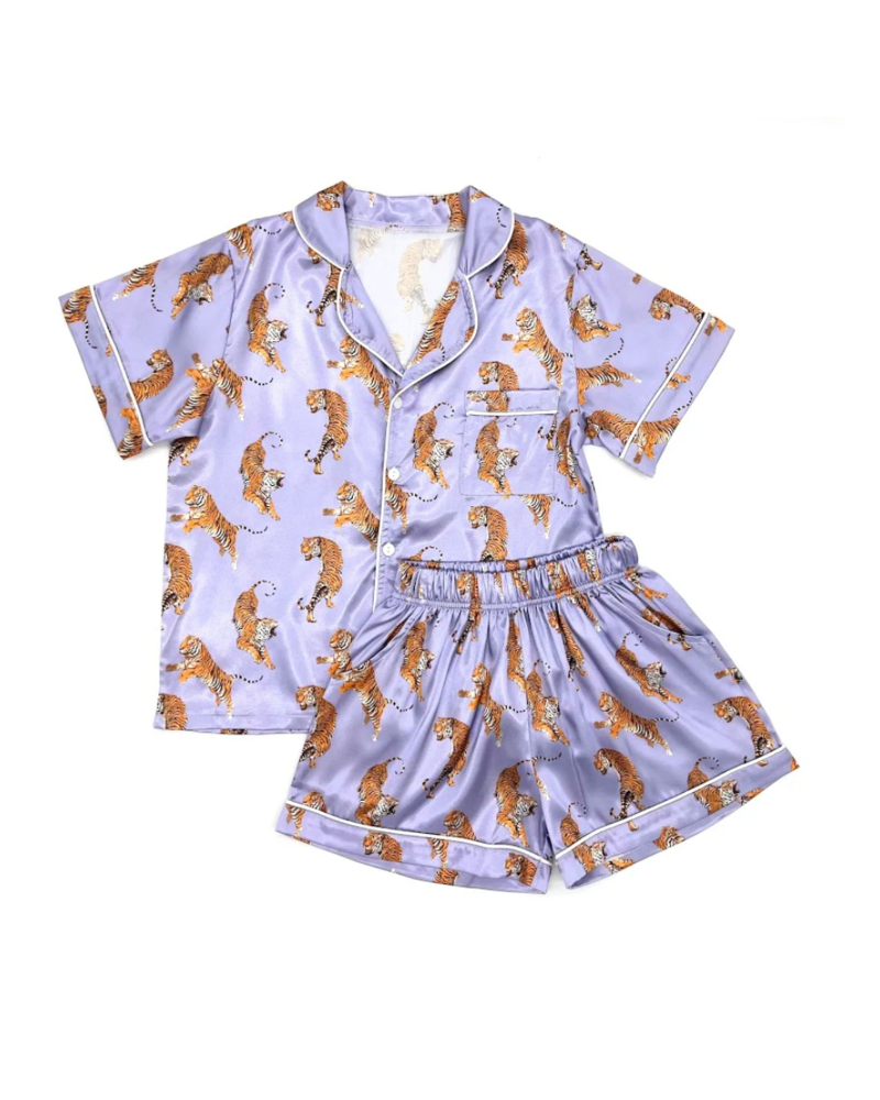 Blended Spirits Tiger Print Silky Pajamas Shorts Set {Lavendar}