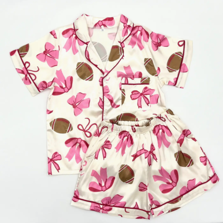 Blended Spirits Football Bows Silky Pajamas Shorts Set {Ivory/pink}