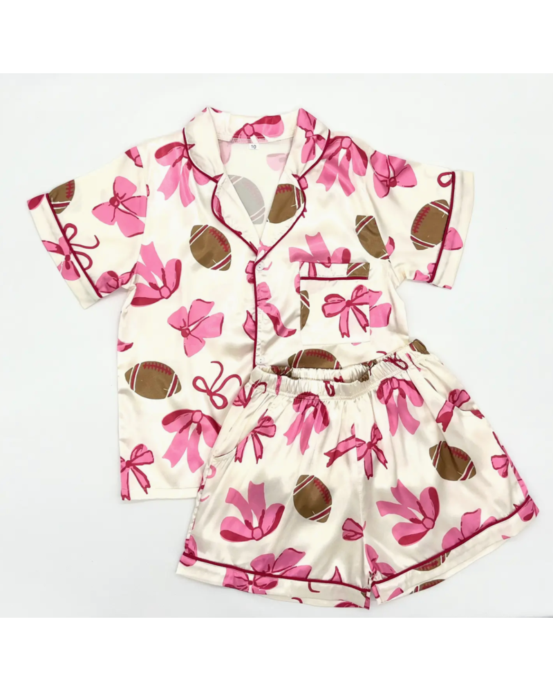 Blended Spirits Football Bows Silky Pajamas Shorts Set {Ivory/pink}