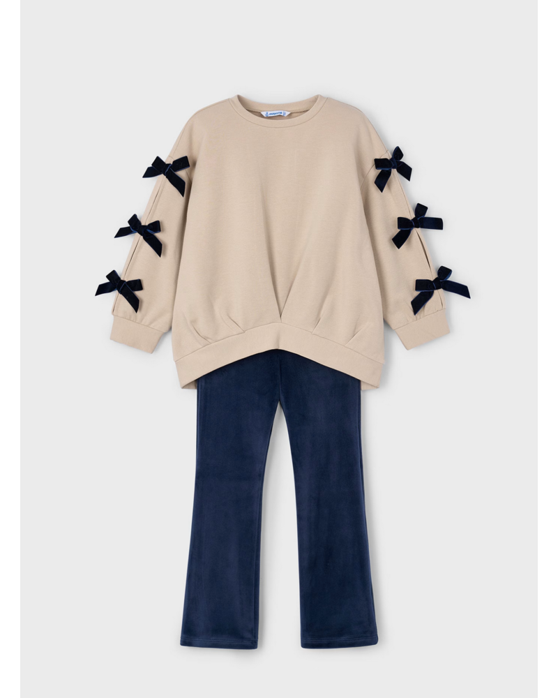 Mayoral Bow Shirt Jogging Set {Tan/Navy}