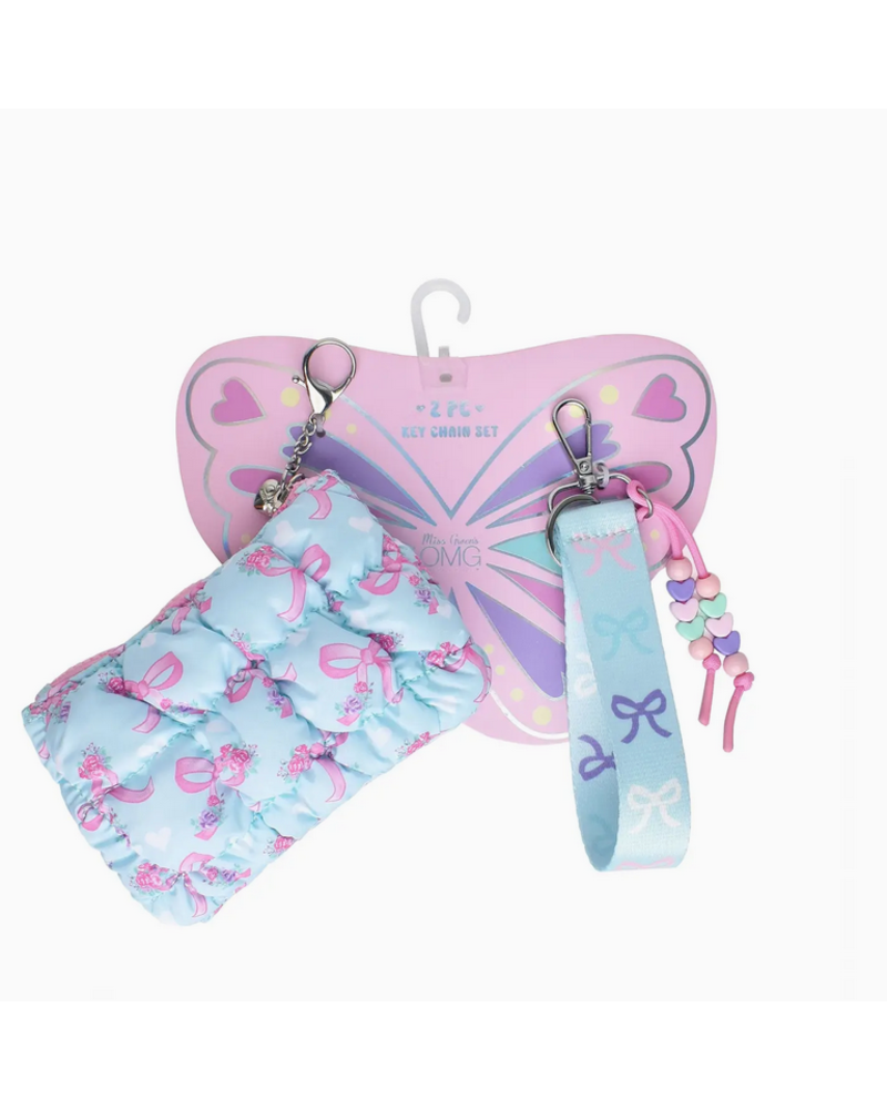 OMG Accessories Bow Quilted Scrunchies Coin Pouch Keychain Set {Light Blue}