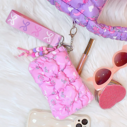 OMG Accessories Bow Quilted Scrunchies Coin Pouch Keychain Set {Pink}