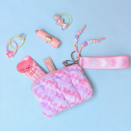 OMG Accessories Heart Quilted Scrunchies Coin Pouch Keychain Set {Pink}