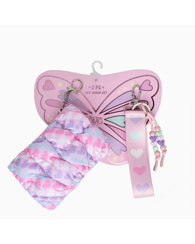 OMG Accessories Heart Quilted Scrunchies Coin Pouch Keychain Set {Pink}