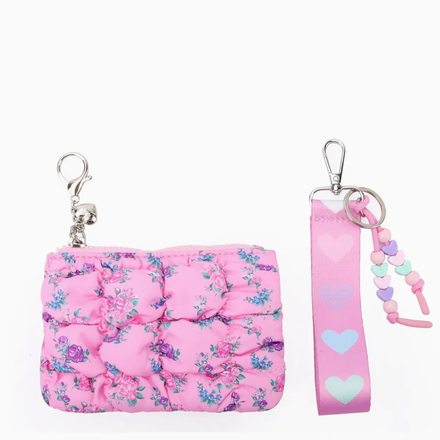 OMG Accessories Floral Quilted Scrunchies Coin Pouch Keychain Set {Pink}