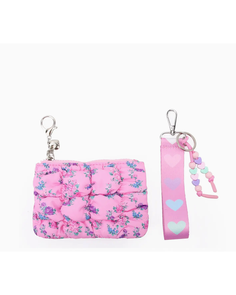 OMG Accessories Floral Quilted Scrunchies Coin Pouch Keychain Set {Pink}