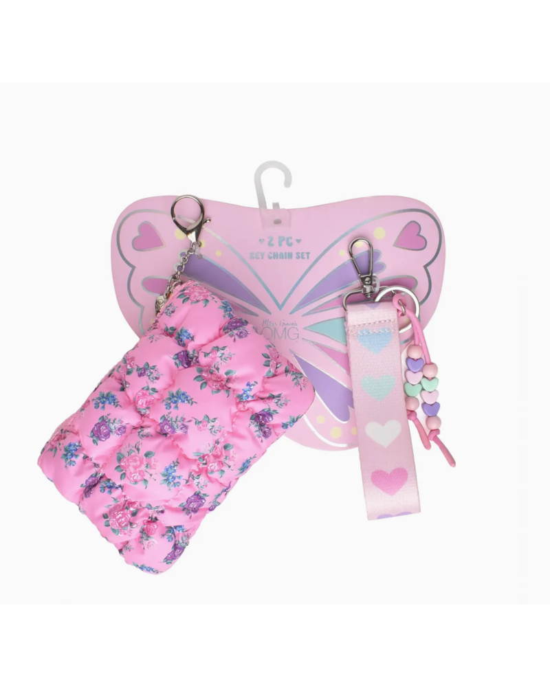 OMG Accessories Floral Quilted Scrunchies Coin Pouch Keychain Set {Pink}