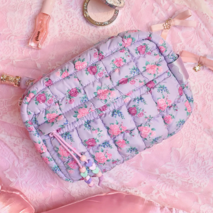 OMG Accessories Quilted Scrunchies Floral Printed Pouch {Lavender}