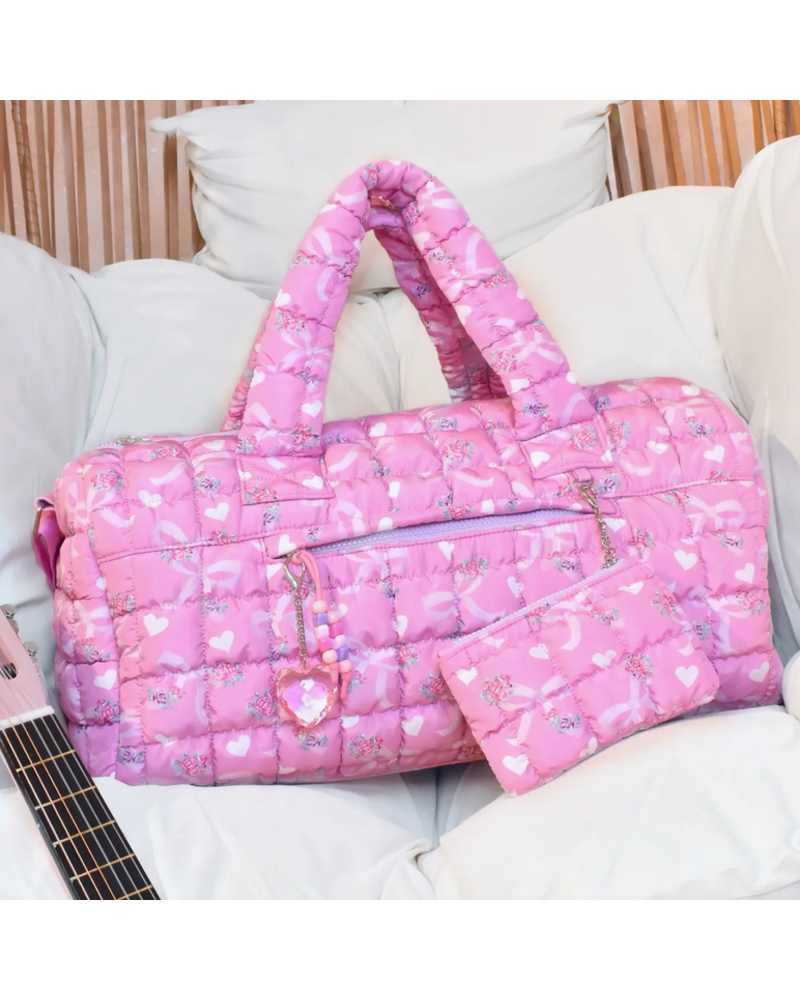 OMG Accessories Quilted Scrunchies Floral Bow Printed Duffle Bag {Pink}
