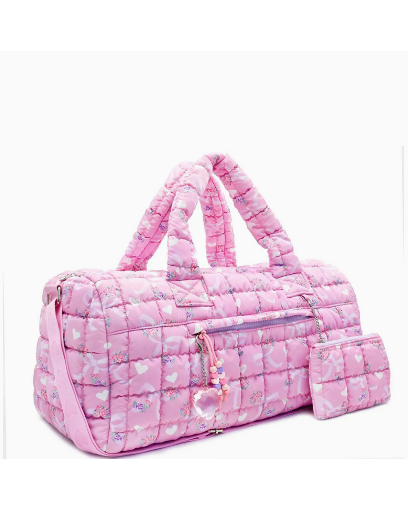 OMG Accessories Quilted Scrunchies Floral Bow Printed Duffle Bag {Pink}