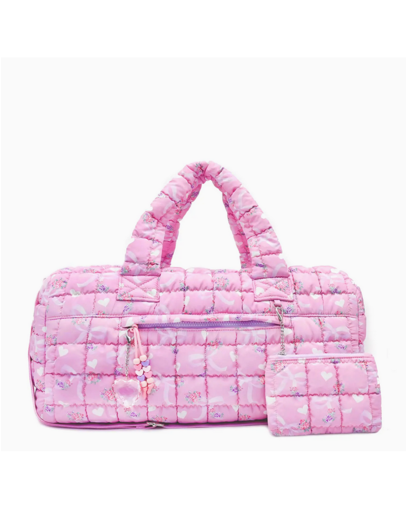 OMG Accessories Quilted Scrunchies Floral Bow Printed Duffle Bag {Pink}