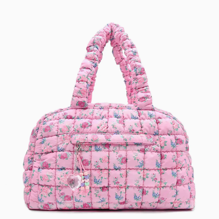 OMG Accessories Quilted Scrunchies Floral Printed Medium Duffle Bag {Pink}