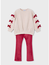 Mayoral Bow Shirt Jogging Set {Tan/Cherry}