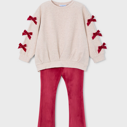 Mayoral Bow Shirt Jogging Set {Tan/Cherry}