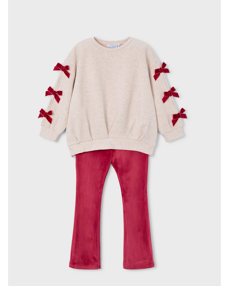 Mayoral Bow Shirt Jogging Set {Tan/Cherry}