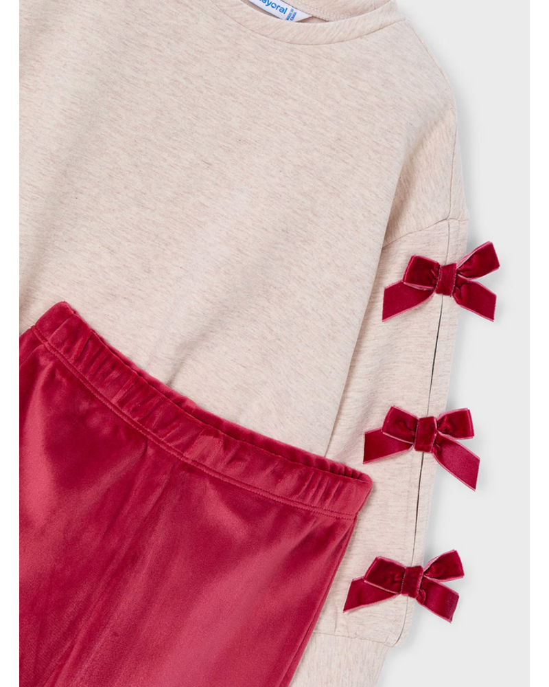 Mayoral Bow Shirt Jogging Set {Tan/Cherry}