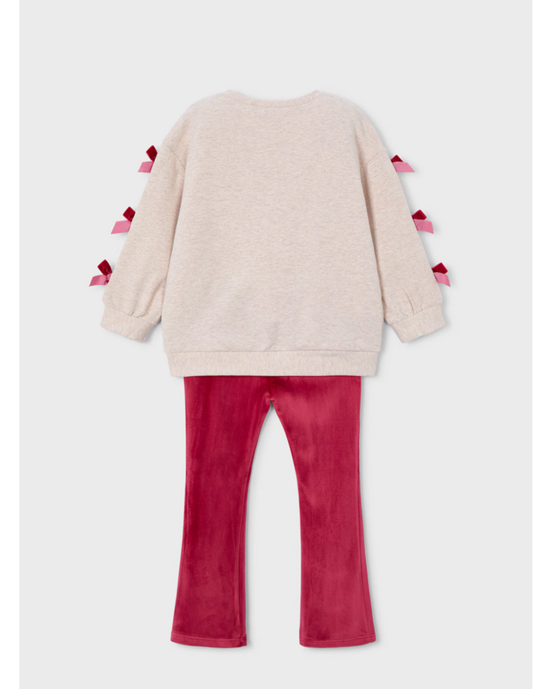 Mayoral Bow Shirt Jogging Set {Tan/Cherry}