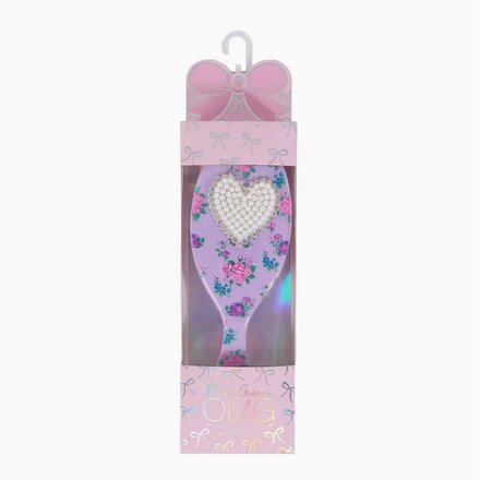 OMG Accessories Pearl Heart Floral Printed Hairbrush {Orchid}