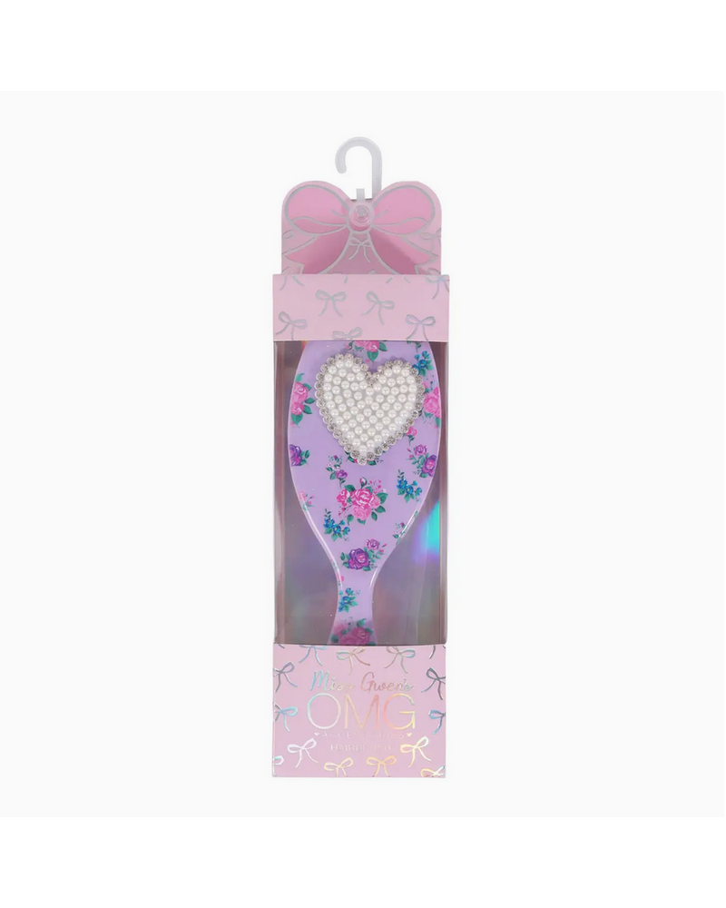 OMG Accessories Pearl Heart Floral Printed Hairbrush {Orchid}