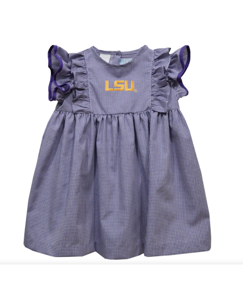 Vive La Fete LSU Tigers Emb Ruffle Sleeve Dress {Wht/Purp Gingham}