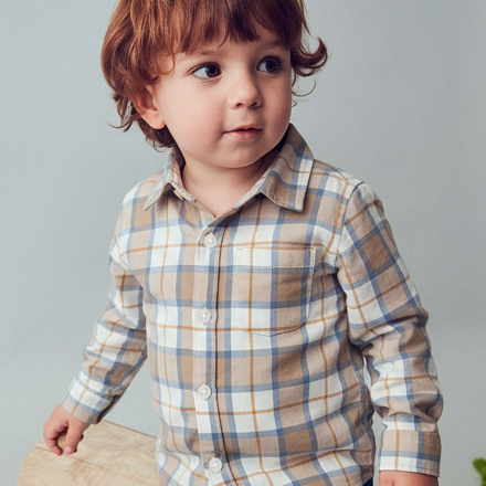 Mayoral Plaid L/S Button Up & Jean Set {Wht/Blue/Tan}