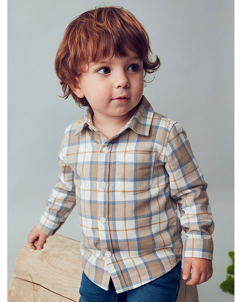 Mayoral Plaid L/S Button Up & Jean Set {Wht/Blue/Tan}