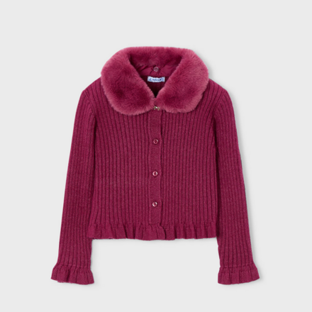 Mayoral Faux Fur Collar Cardigan {Cherry}