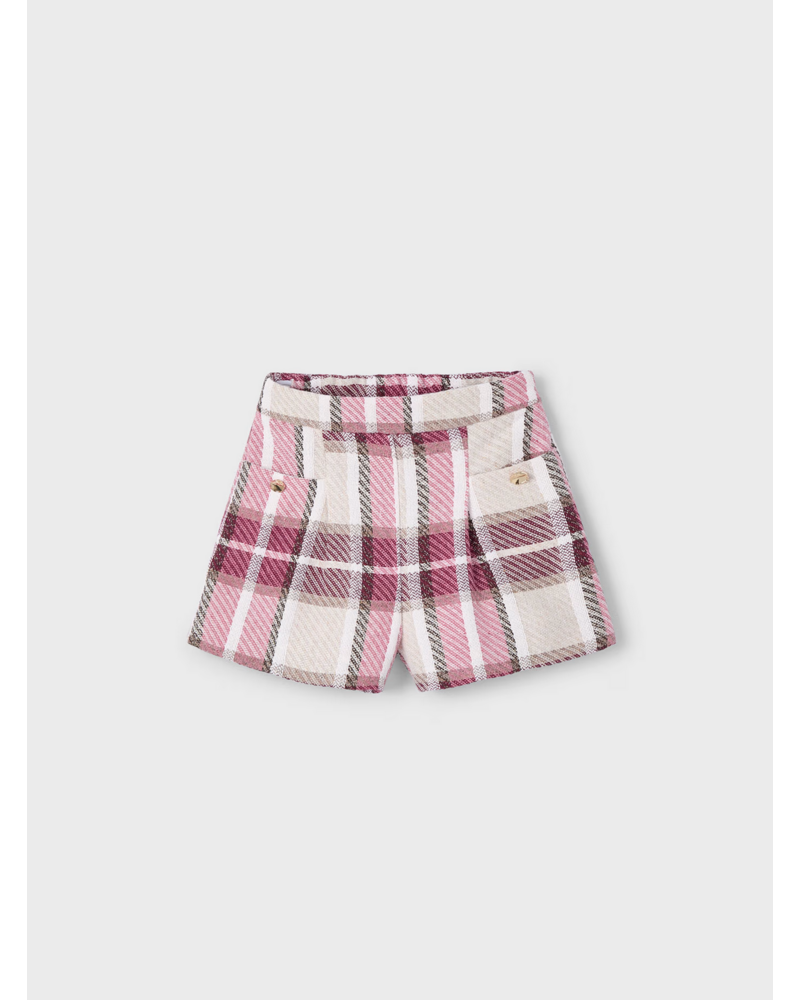Mayoral Ruffle Collar Shirt w/ Plaid Short Set {Ivory/Cherry}
