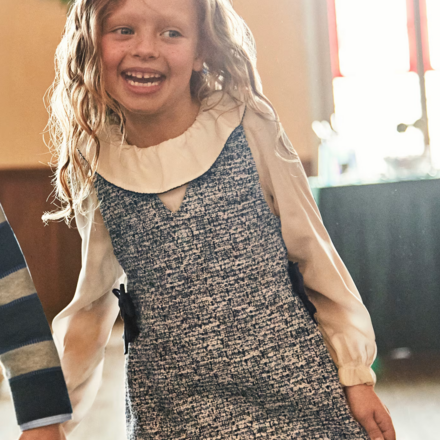 Mayoral Tweed Pinafore Dress {White/Navy}