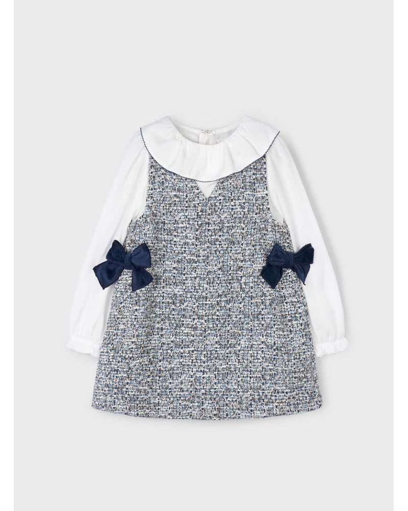 Mayoral Tweed Pinafore Dress {White/Navy}
