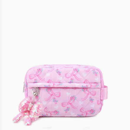 OMG Accessories Quilted Floral Bow Printed Pouch with Charm {Peony}