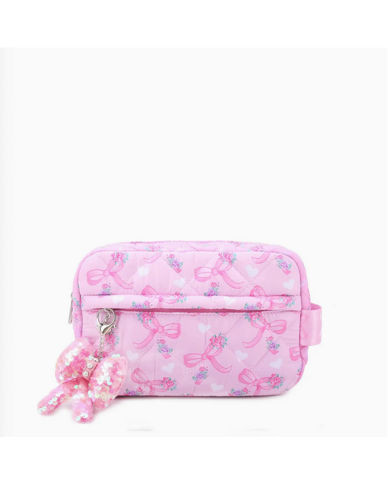 OMG Accessories Quilted Floral Bow Printed Pouch with Charm {Peony}