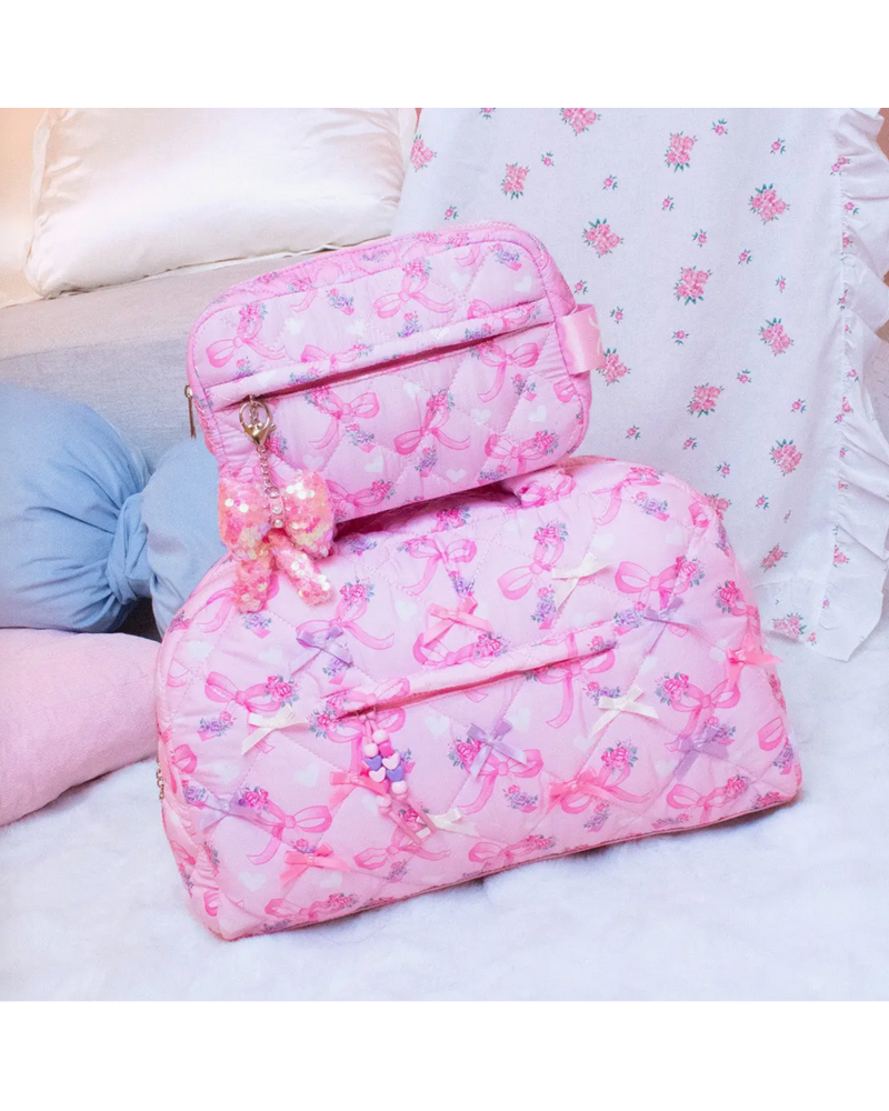 OMG Accessories Quilted Floral Bow Printed Pouch with Charm {Peony}