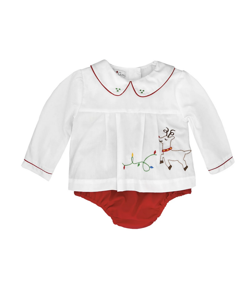 Petit Ami Reindeer Embroidered L/S Diaper Set {Wht/Red}