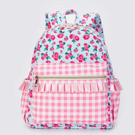 Sassy Kids Palace Floral Ruffle Backpack {Lt. Blue/Pink Plaid}