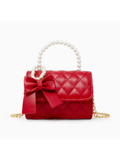 Quilted Pearl Handle Bow Ribbon Handbag {Red}