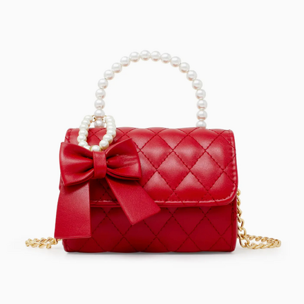 Quilted Pearl Handle Bow Ribbon Handbag {Red}