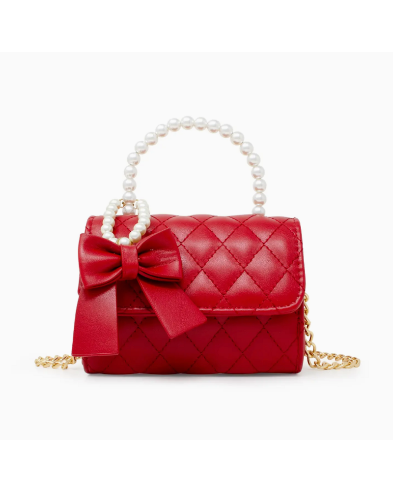 Quilted Pearl Handle Bow Ribbon Handbag {Red}