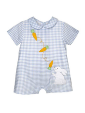 Petit Ami Bunny Embroidered Gingham Romper {Blue}