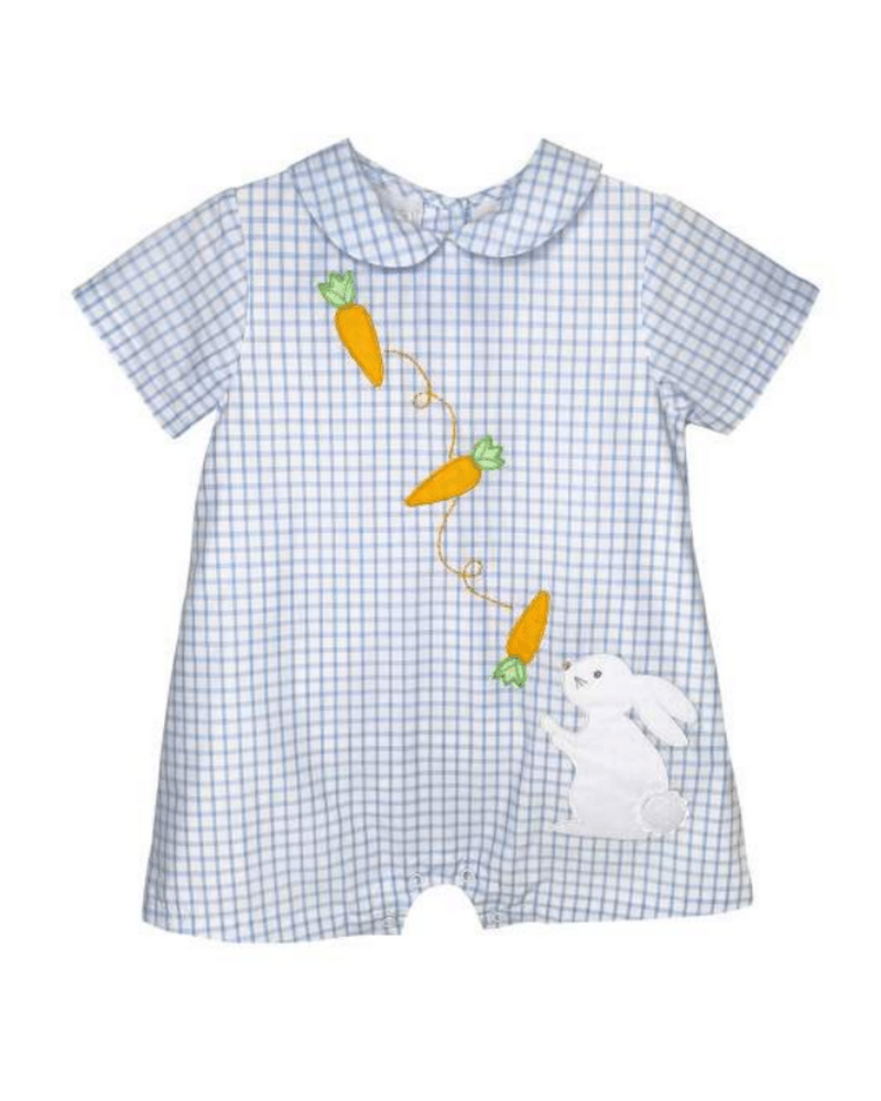 Petit Ami 2736/3736 Bunny Embroidered Gingham Romper {Blue} S26