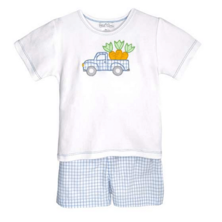 Petit Ami Truck Embriodered Gingham Shirt & Shorts Set{Blue}