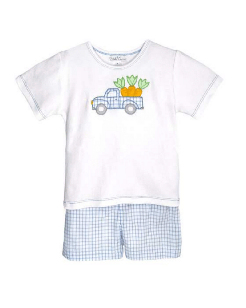 Petit Ami Truck Embriodered Gingham Shirt & Shorts Set{Blue}