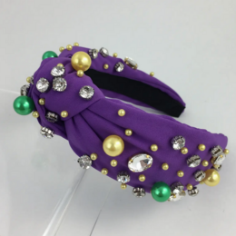SongLily Mardi Gras Big Knot Headband Pearls and Rhinestones {Purple}