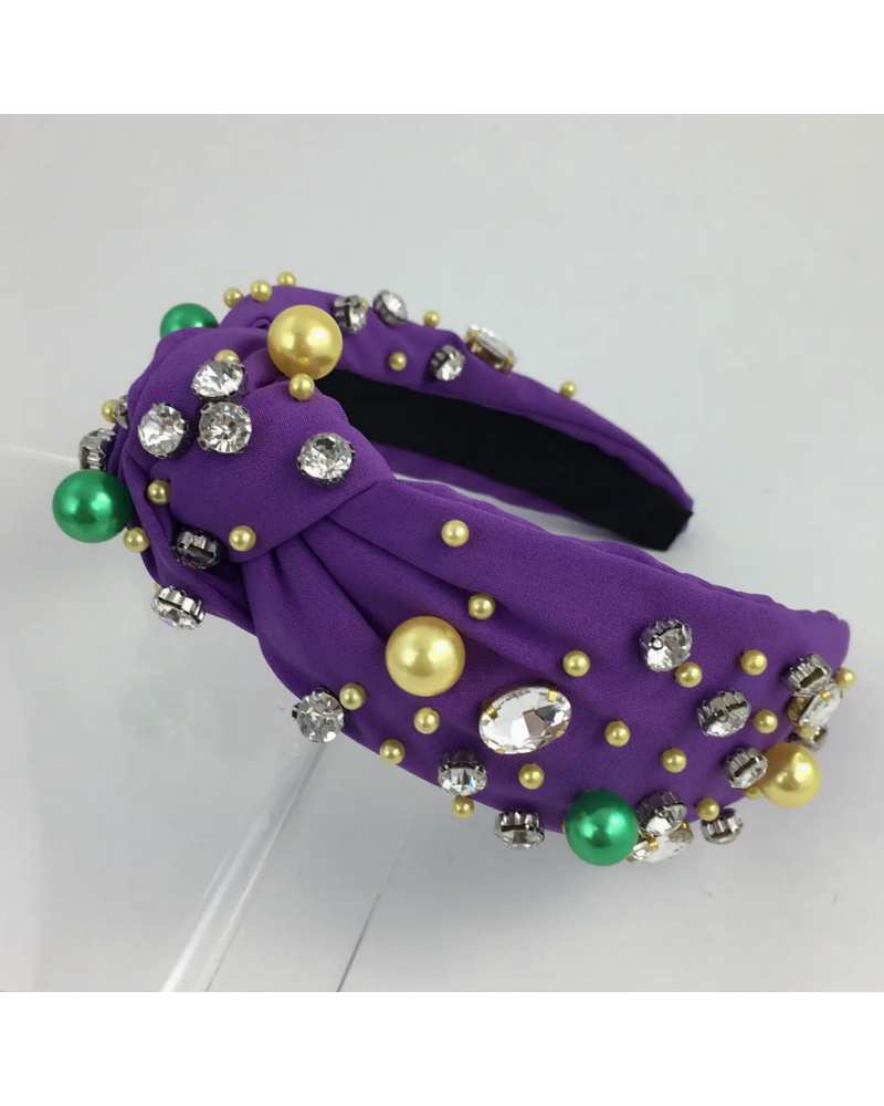 SongLily Mardi Gras Big Knot Headband Pearls and Rhinestones {Purple}