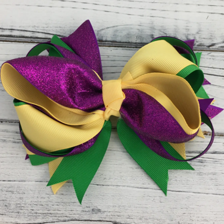 SongLily Mardi Gras glitter ribbon hair bow