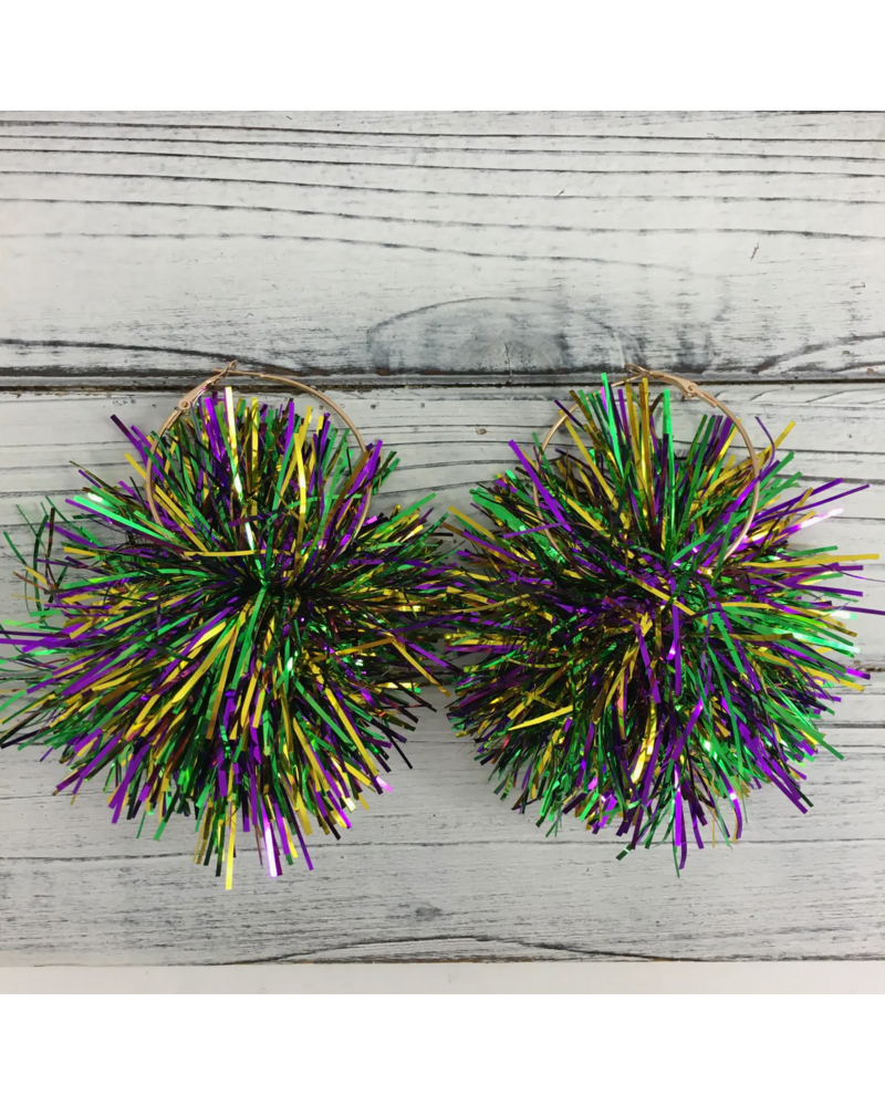 ITS Mardi Gras Tinsel Pompom hoop earrings